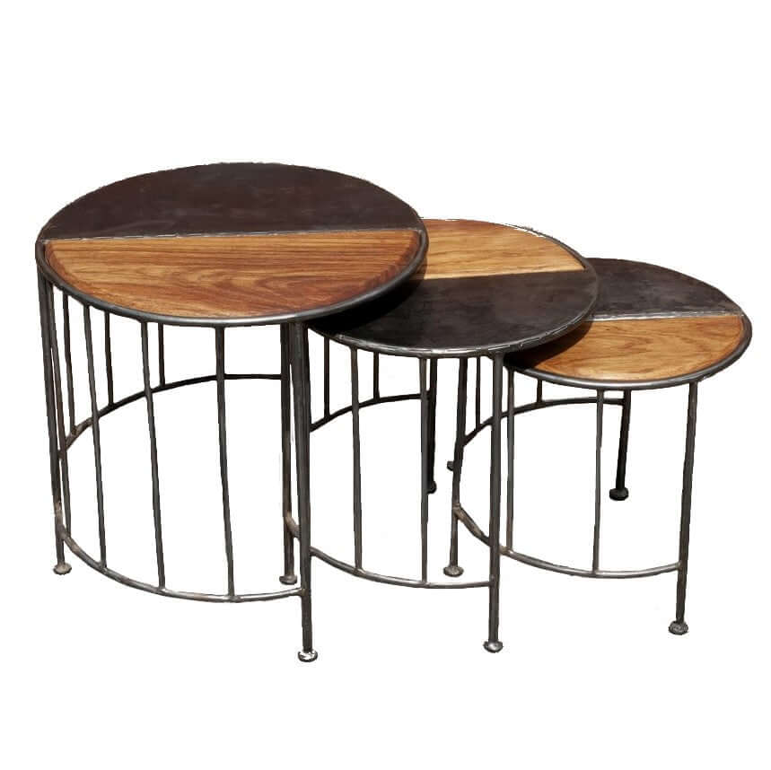 3er Set Beistelltische "Hassan" aus Altmetall und Altholz Upcycling